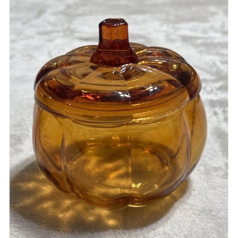 Orange Glass Pumpkin Candy Dish With Lid Halloween Fall Amber 5" Diameter